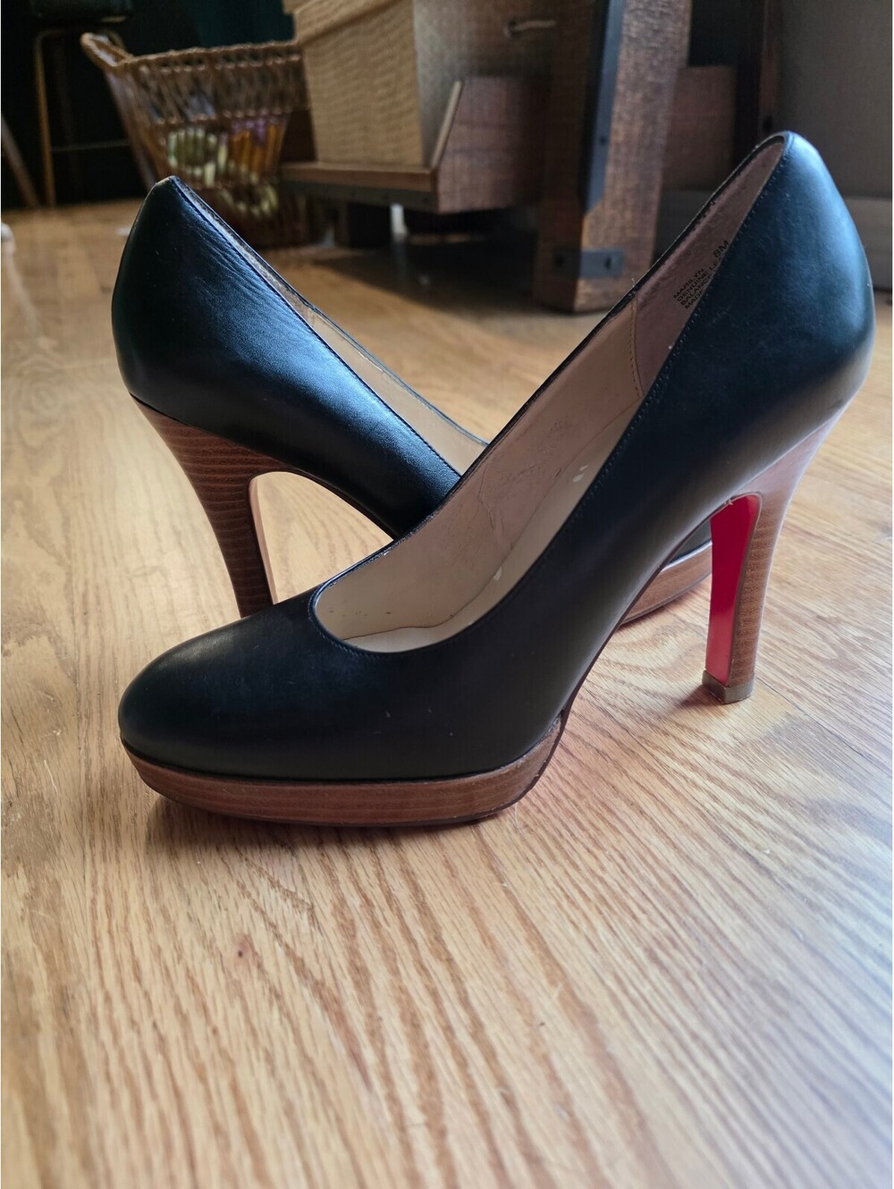 Oh Deer Marilyn Black Leather Platform Pumps Red Bottom Stacked Heels 8M